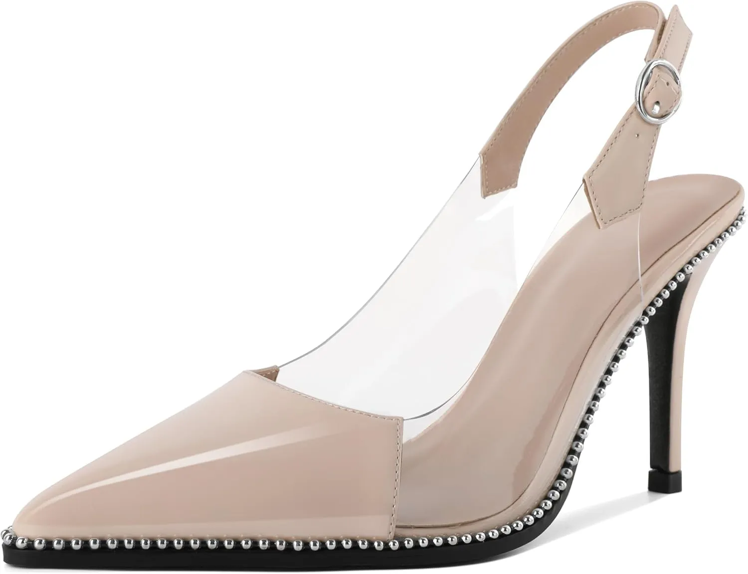 SAMMITOP Slingback Heels for Women Pointed Toe Stiletto High Heel Clear Pumps Silver Beaded Slip On Party Prom Dress Shoes 3.5 Inch