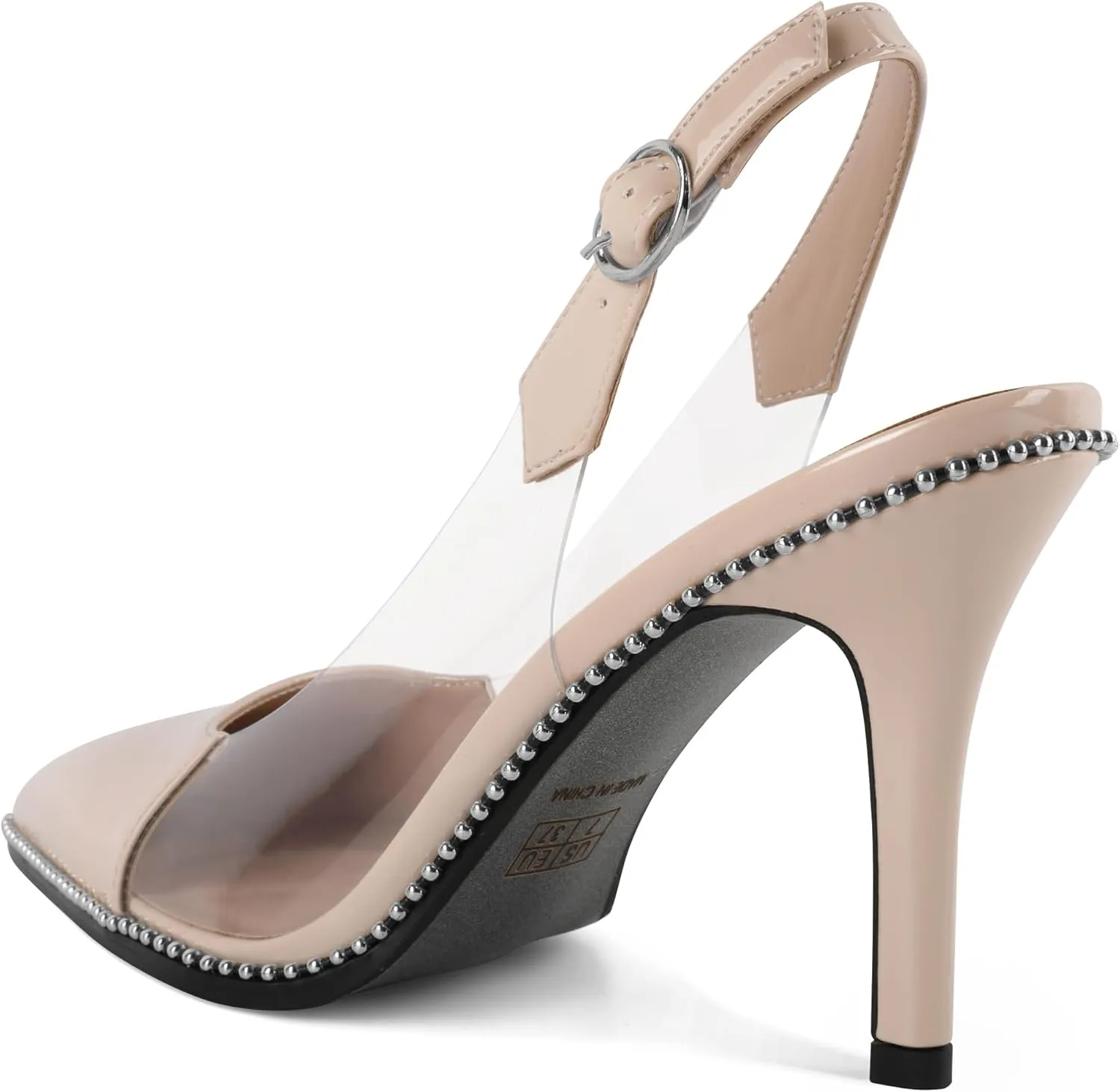 SAMMITOP Slingback Heels for Women Pointed Toe Stiletto High Heel Clear Pumps Silver Beaded Slip On Party Prom Dress Shoes 3.5 Inch