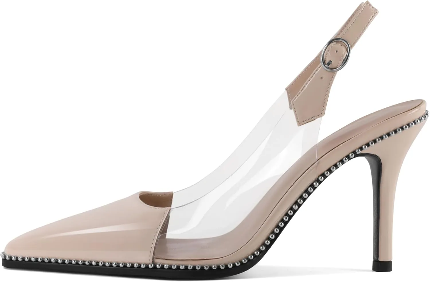 SAMMITOP Slingback Heels for Women Pointed Toe Stiletto High Heel Clear Pumps Silver Beaded Slip On Party Prom Dress Shoes 3.5 Inch
