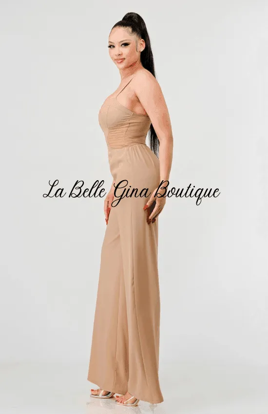 Sandia Chic Silky Dobby Sweetheart side Mesh Jumpsuit-Taupe