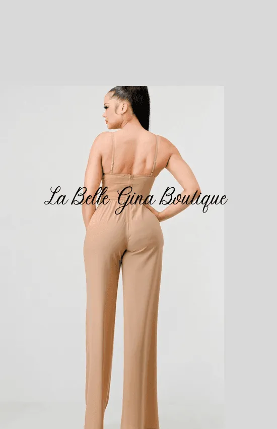 Sandia Chic Silky Dobby Sweetheart side Mesh Jumpsuit-Taupe