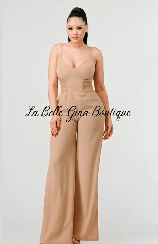 Sandia Chic Silky Dobby Sweetheart side Mesh Jumpsuit-Taupe