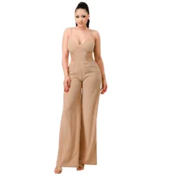 Sandia Chic Silky Dobby Sweetheart side Mesh Jumpsuit-Taupe