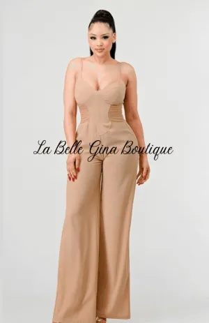 Sandia Chic Silky Dobby Sweetheart side Mesh Jumpsuit-Taupe