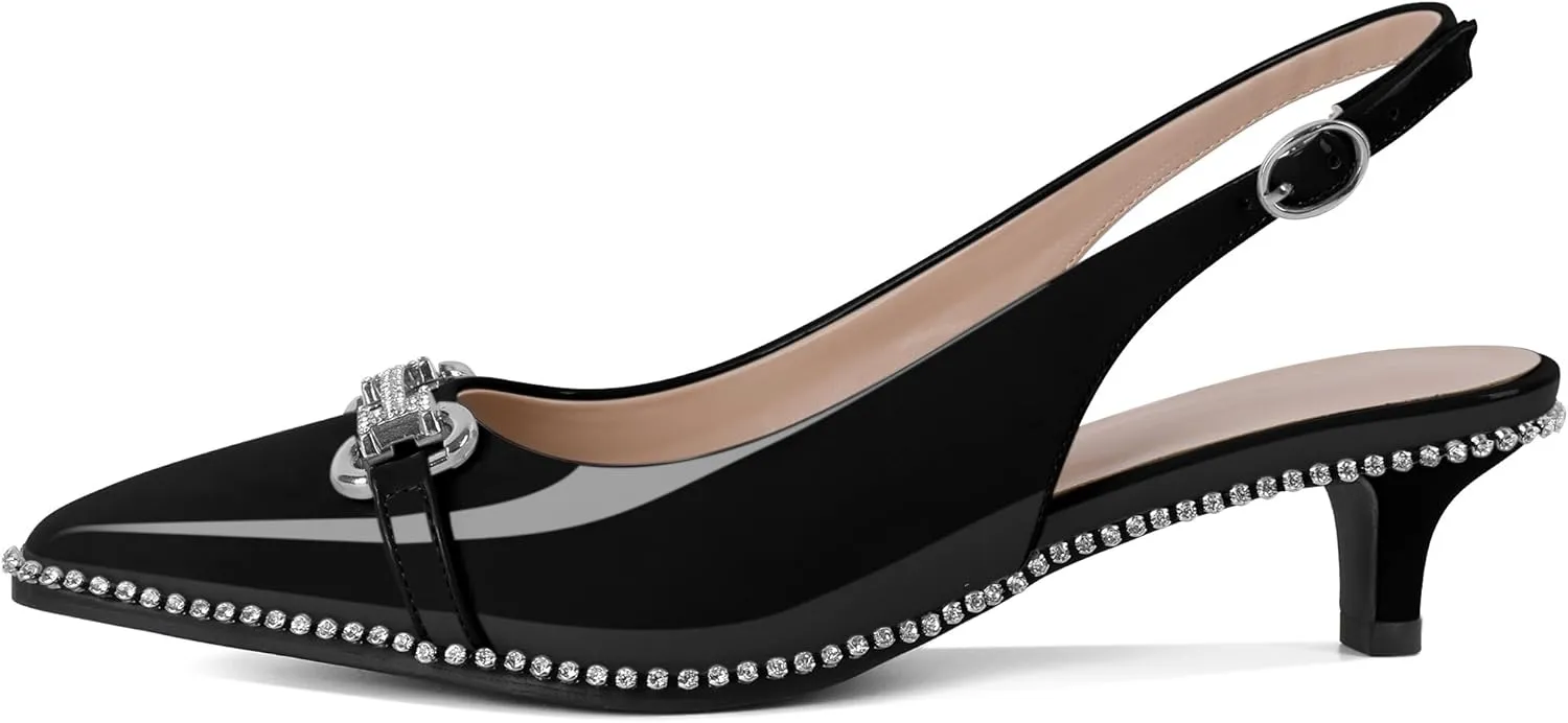 Soireelady Womens Slingback Kitten Heels Low Heel Rhinestones Beaded Pumps Closed Pointed Toe Slip On Party Fashion Dress Shoes 1.5 Inches