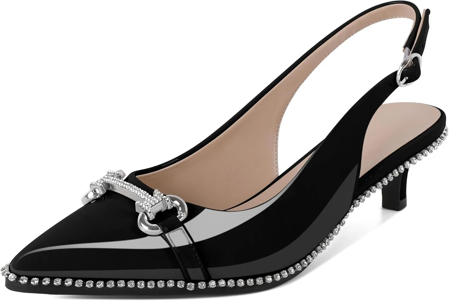 Soireelady Womens Slingback Kitten Heels Low Heel Rhinestones Beaded Pumps Closed Pointed Toe Slip On Party Fashion Dress Shoes 1.5 Inches