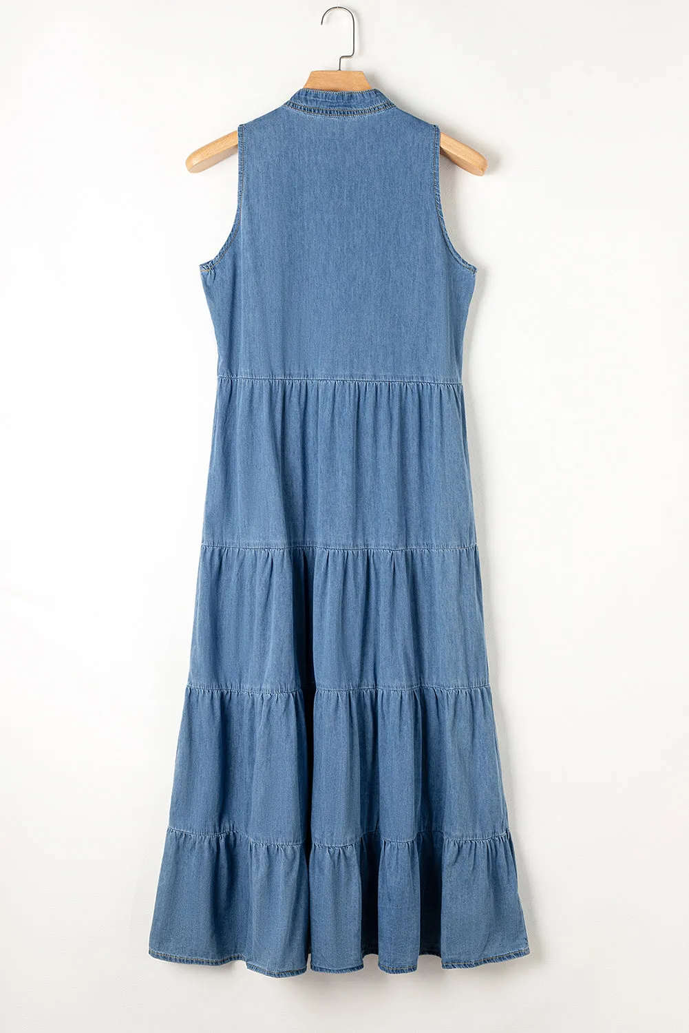 Tiered Denim Maxi Dress with Tie Neck