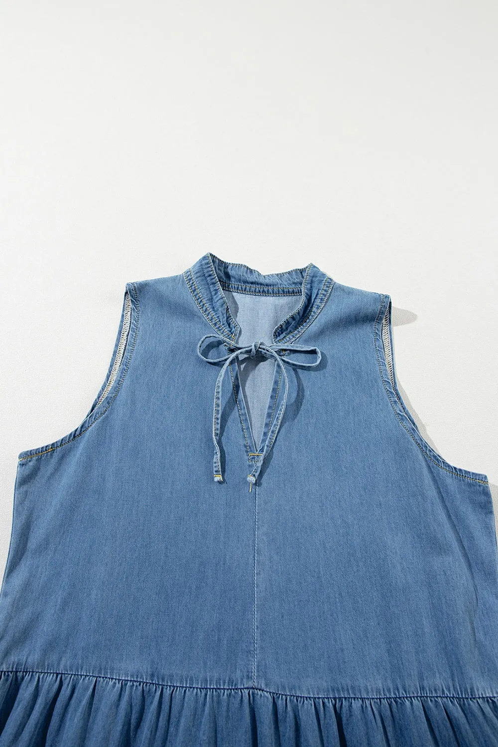 Tiered Denim Maxi Dress with Tie Neck