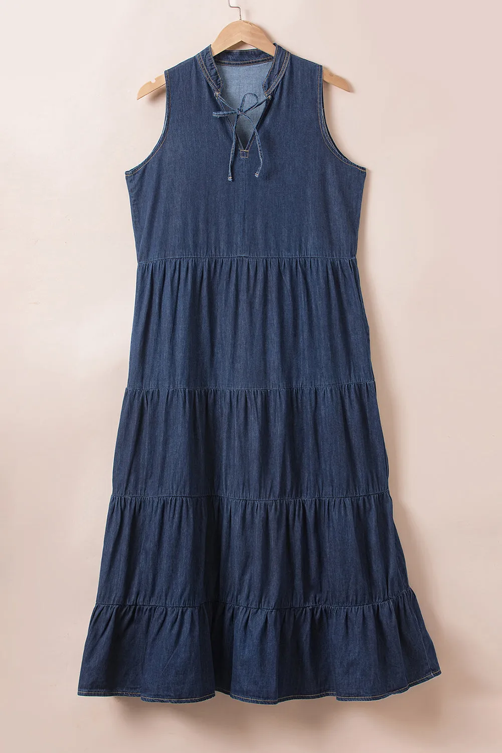 Tiered Denim Maxi Dress with Tie Neck