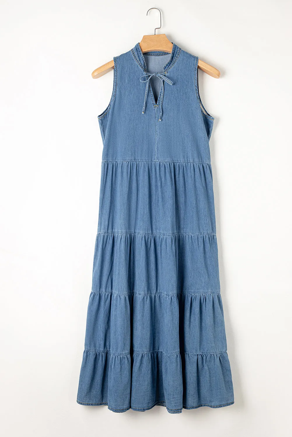 Tiered Denim Maxi Dress with Tie Neck