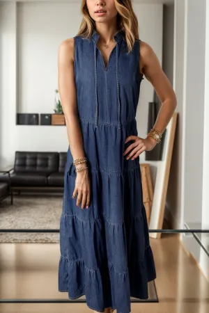 Tiered Denim Maxi Dress with Tie Neck