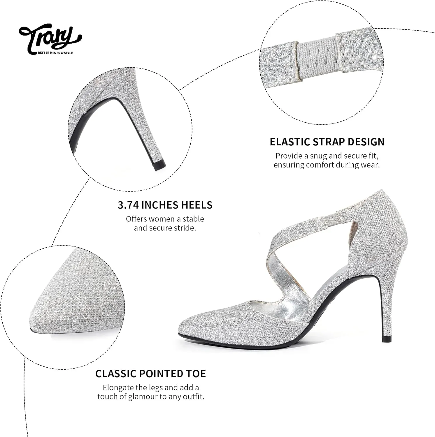 Trary Heels for Women Dress Closed Pointed Toe Heels Comfortable Stiletto High Heels Pumps Sexy Slip On D'Orsay Pumps with Cross Elastic Straps Work Wedding Party Shoes for Women