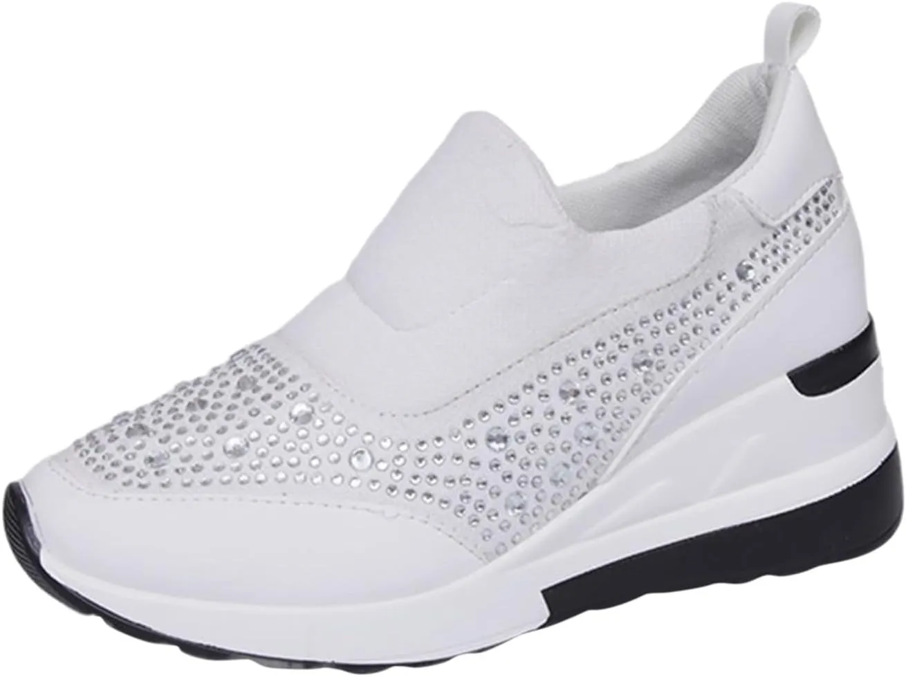 Wedge Sneakers for Women Wide Width,Rhinestone Sparkly Dress Shoes Slip On Casual Shoes Thick Sole Ladies Sneakers