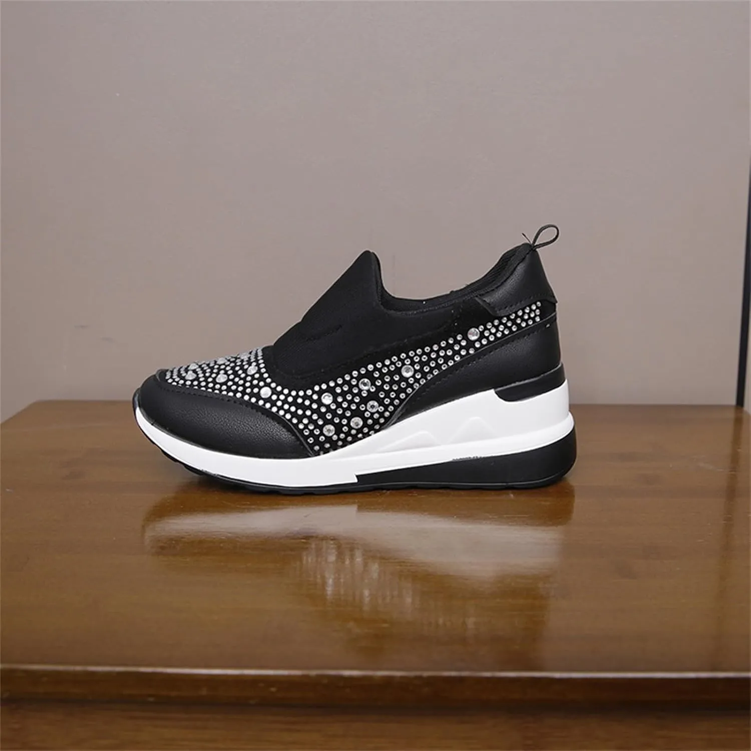 Wedge Sneakers for Women Wide Width,Rhinestone Sparkly Dress Shoes Slip On Casual Shoes Thick Sole Ladies Sneakers