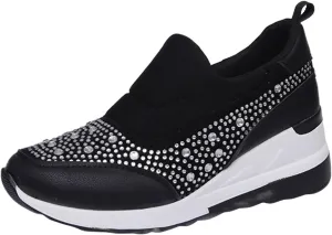 Wedge Sneakers for Women Wide Width,Rhinestone Sparkly Dress Shoes Slip On Casual Shoes Thick Sole Ladies Sneakers