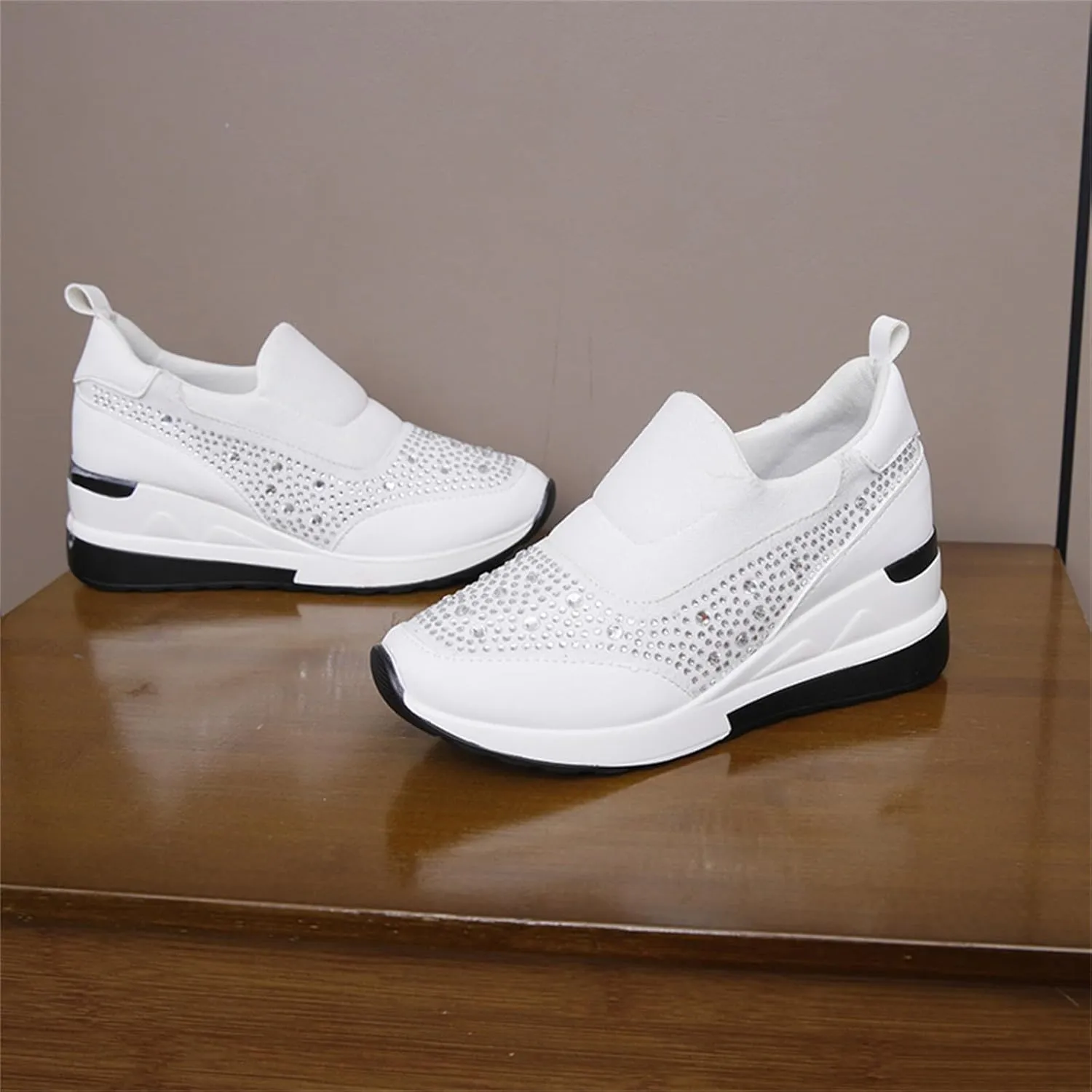 Wedge Sneakers for Women Wide Width,Rhinestone Sparkly Dress Shoes Slip On Casual Shoes Thick Sole Ladies Sneakers