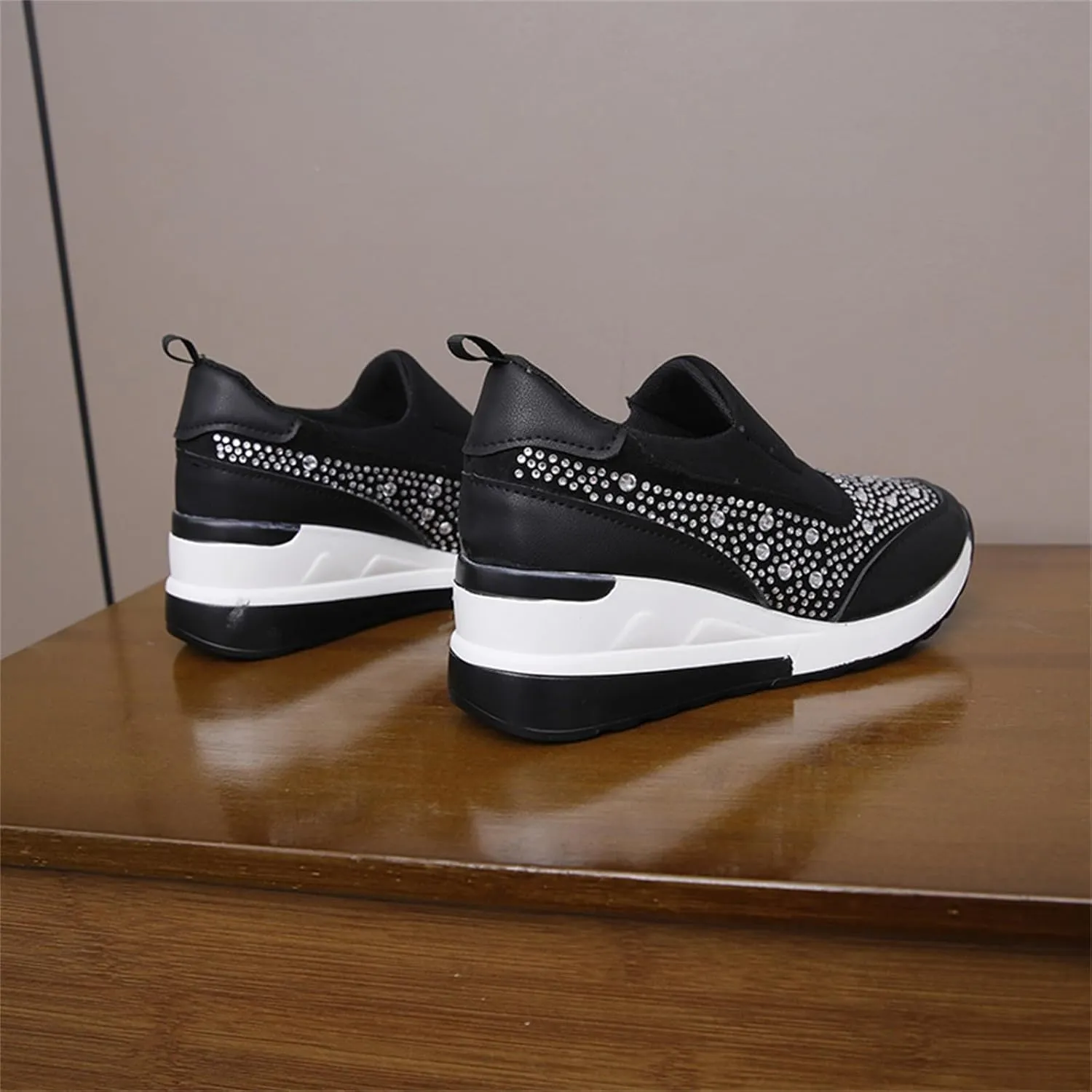 Wedge Sneakers for Women Wide Width,Rhinestone Sparkly Dress Shoes Slip On Casual Shoes Thick Sole Ladies Sneakers