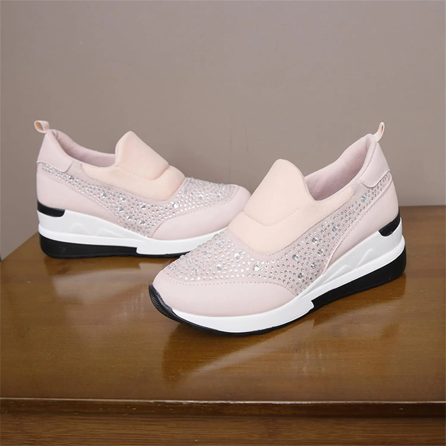 Wedge Sneakers for Women Wide Width,Rhinestone Sparkly Dress Shoes Slip On Casual Shoes Thick Sole Ladies Sneakers