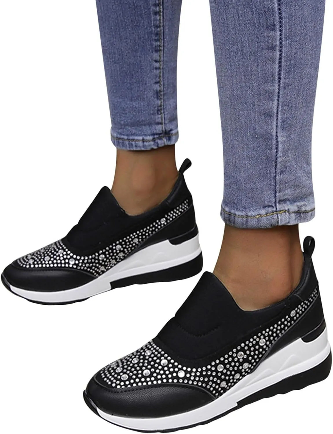 Wedge Sneakers for Women Wide Width,Rhinestone Sparkly Dress Shoes Slip On Casual Shoes Thick Sole Ladies Sneakers