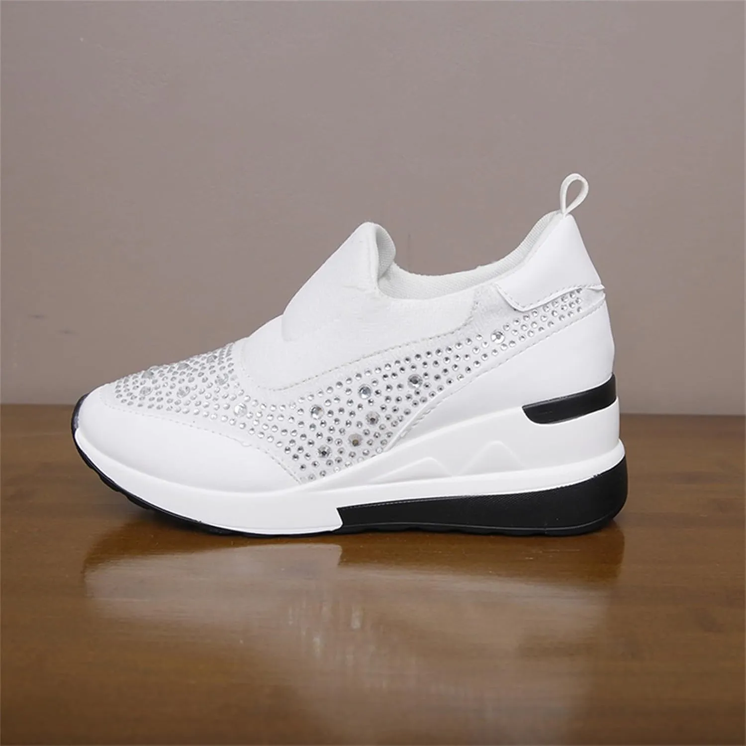 Wedge Sneakers for Women Wide Width,Rhinestone Sparkly Dress Shoes Slip On Casual Shoes Thick Sole Ladies Sneakers