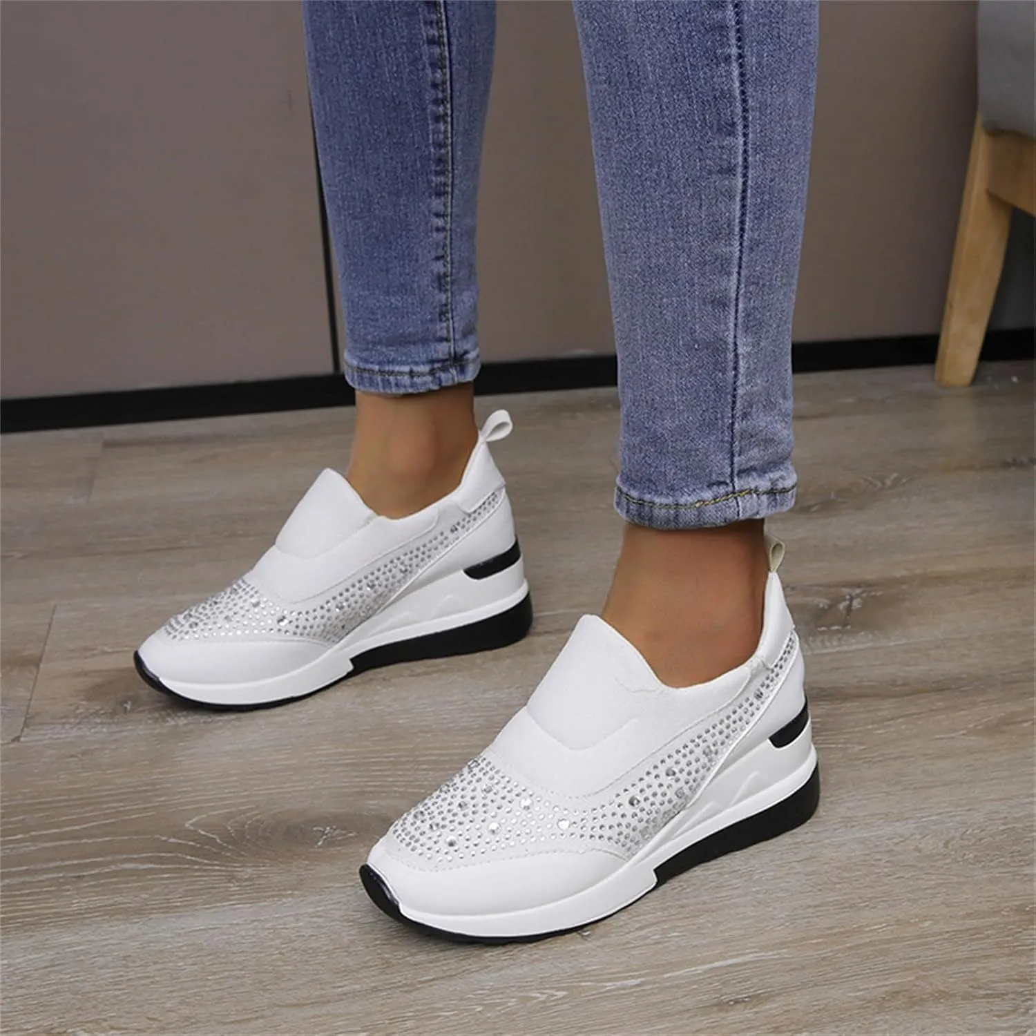 Wedge Sneakers for Women Wide Width,Rhinestone Sparkly Dress Shoes Slip On Casual Shoes Thick Sole Ladies Sneakers