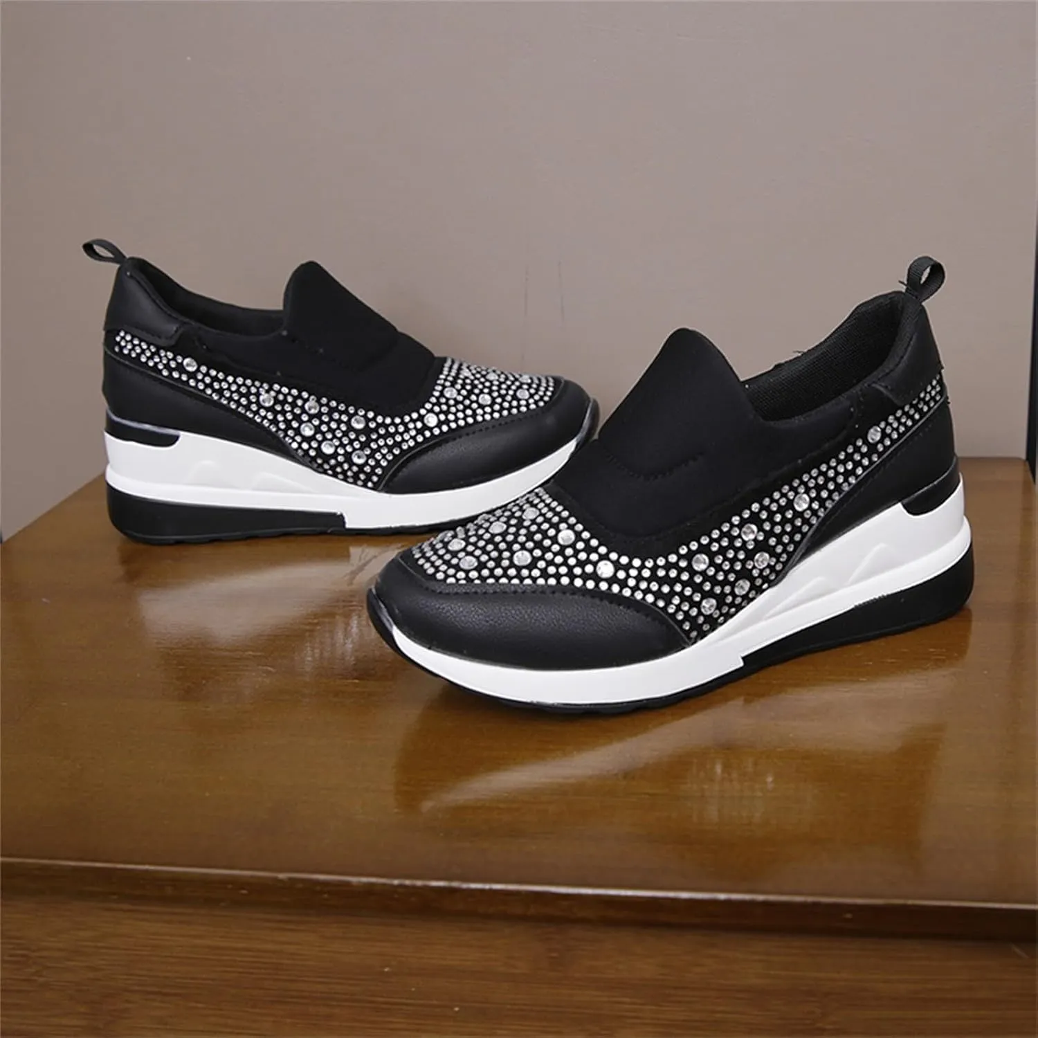 Wedge Sneakers for Women Wide Width,Rhinestone Sparkly Dress Shoes Slip On Casual Shoes Thick Sole Ladies Sneakers