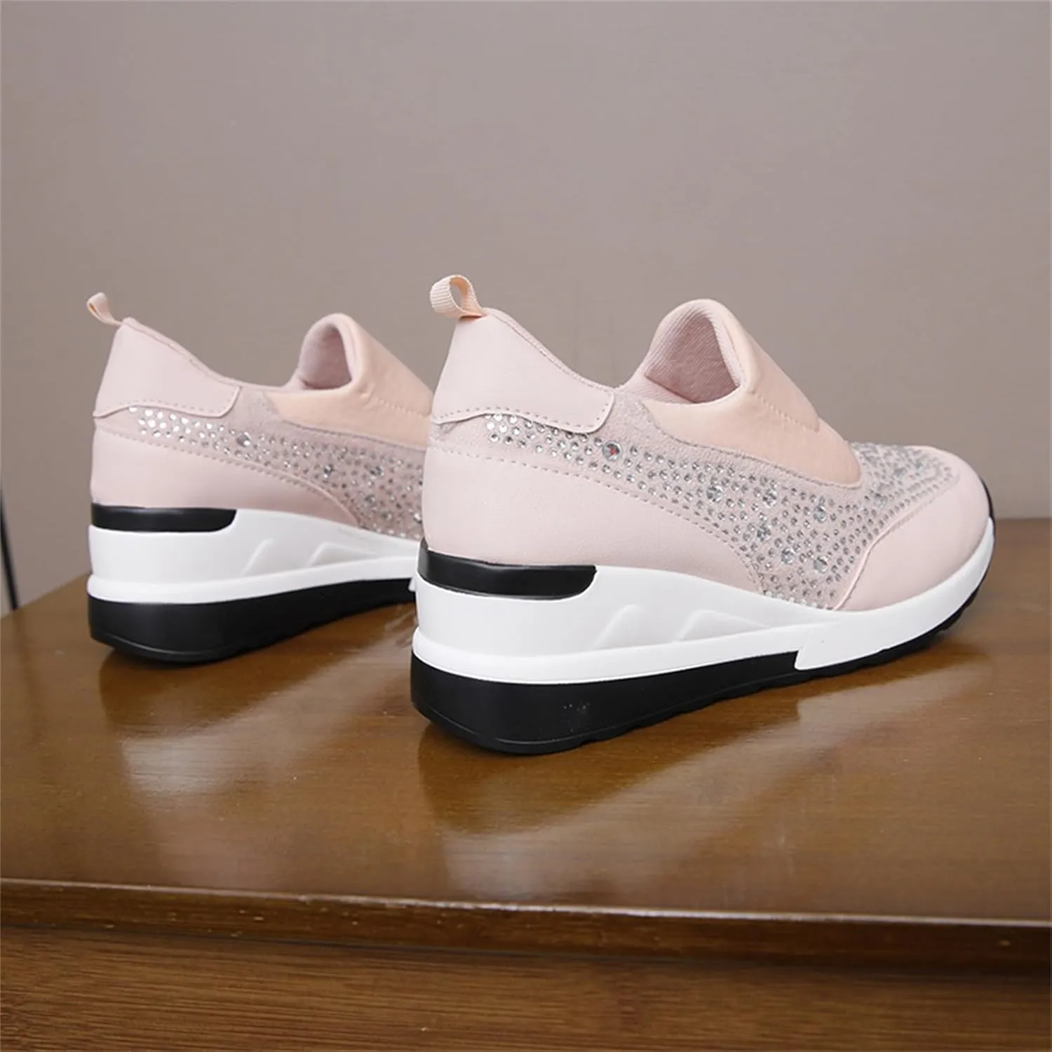 Wedge Sneakers for Women Wide Width,Rhinestone Sparkly Dress Shoes Slip On Casual Shoes Thick Sole Ladies Sneakers