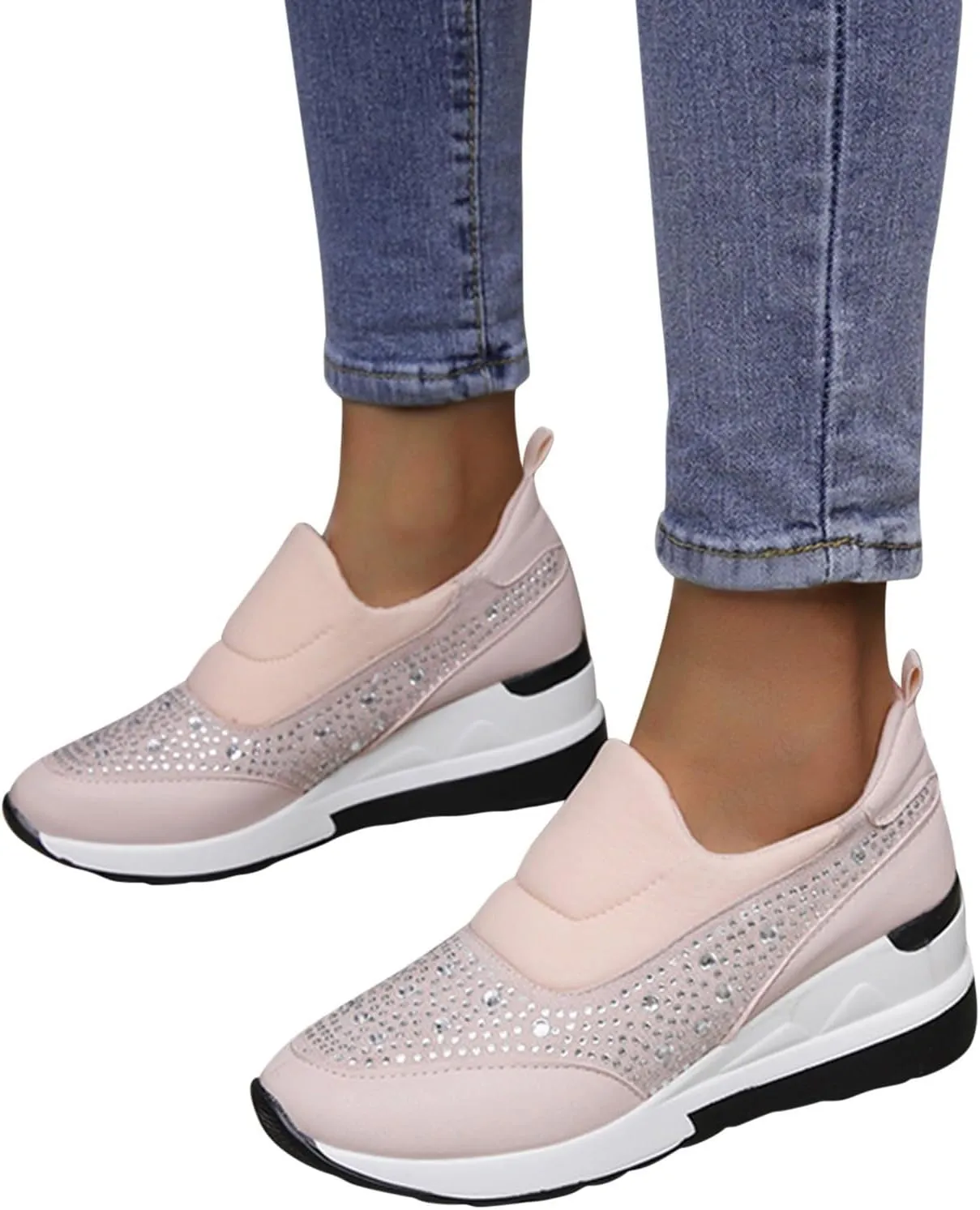 Wedge Sneakers for Women Wide Width,Rhinestone Sparkly Dress Shoes Slip On Casual Shoes Thick Sole Ladies Sneakers