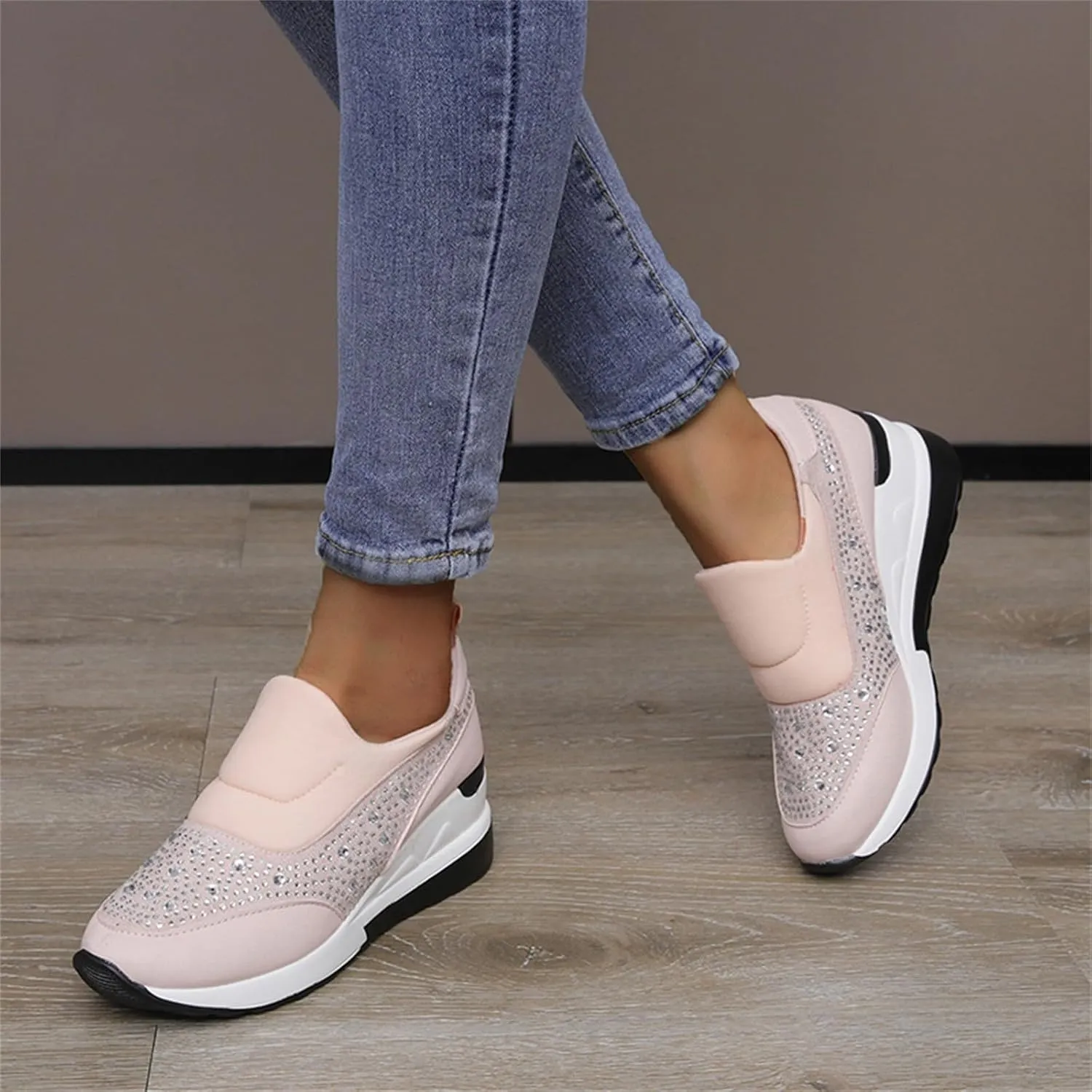 Wedge Sneakers for Women Wide Width,Rhinestone Sparkly Dress Shoes Slip On Casual Shoes Thick Sole Ladies Sneakers