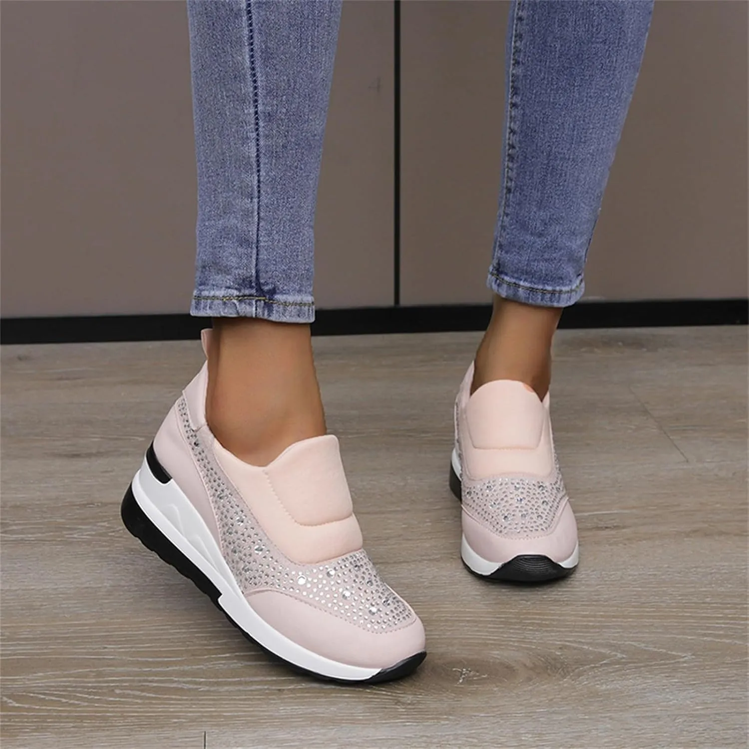 Wedge Sneakers for Women Wide Width,Rhinestone Sparkly Dress Shoes Slip On Casual Shoes Thick Sole Ladies Sneakers