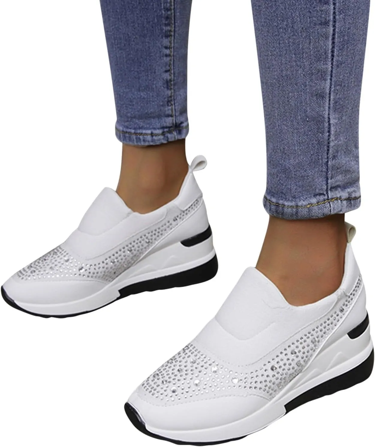 Wedge Sneakers for Women Wide Width,Rhinestone Sparkly Dress Shoes Slip On Casual Shoes Thick Sole Ladies Sneakers