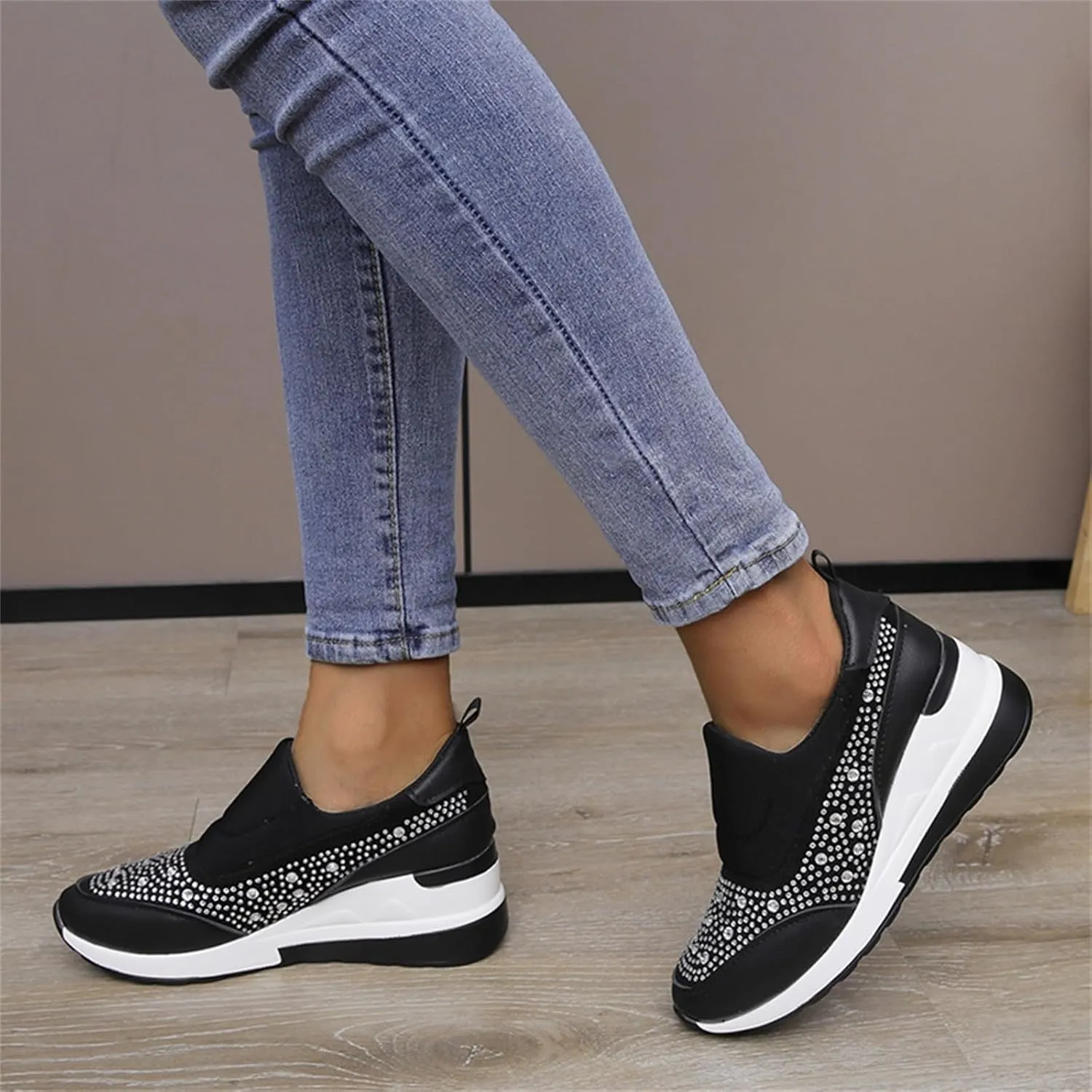Wedge Sneakers for Women Wide Width,Rhinestone Sparkly Dress Shoes Slip On Casual Shoes Thick Sole Ladies Sneakers