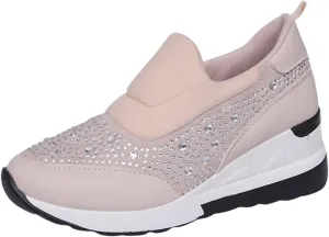 Wedge Sneakers for Women Wide Width,Rhinestone Sparkly Dress Shoes Slip On Casual Shoes Thick Sole Ladies Sneakers
