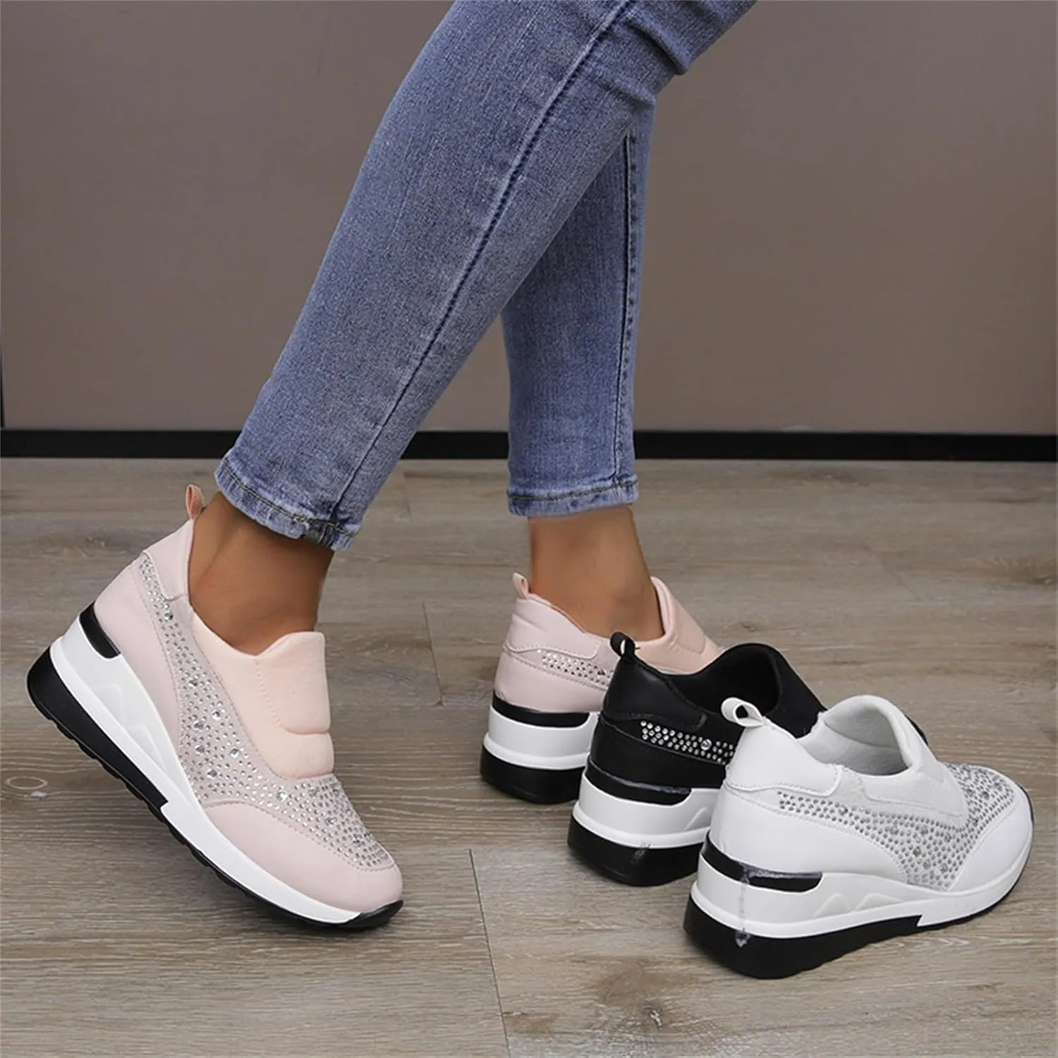 Wedge Sneakers for Women Wide Width,Rhinestone Sparkly Dress Shoes Slip On Casual Shoes Thick Sole Ladies Sneakers