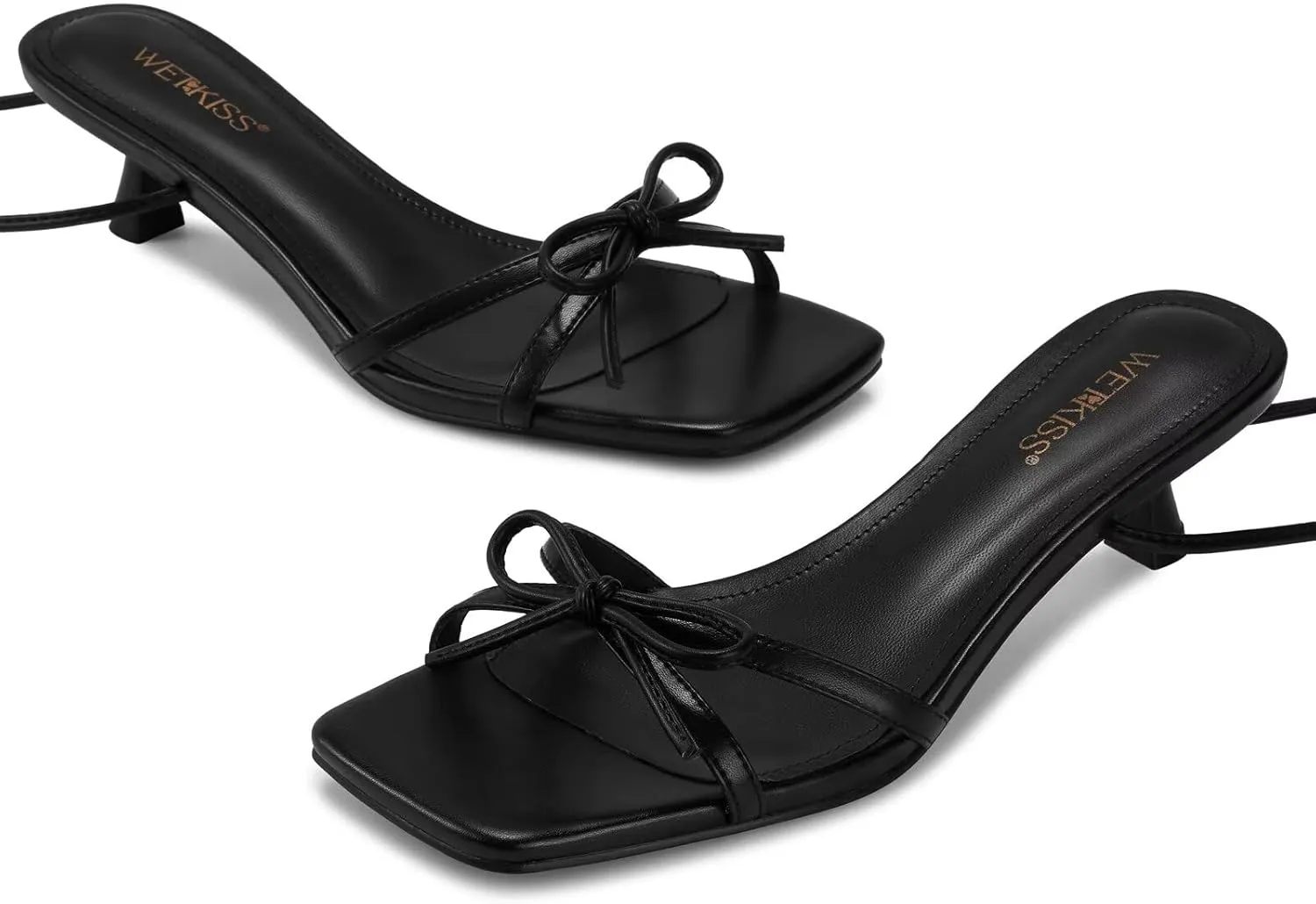 wetkiss Women's Lace up Bow Kitten Heeled Sandals Square Open Toe Heels Comfort Dress Wedding Party Shoes