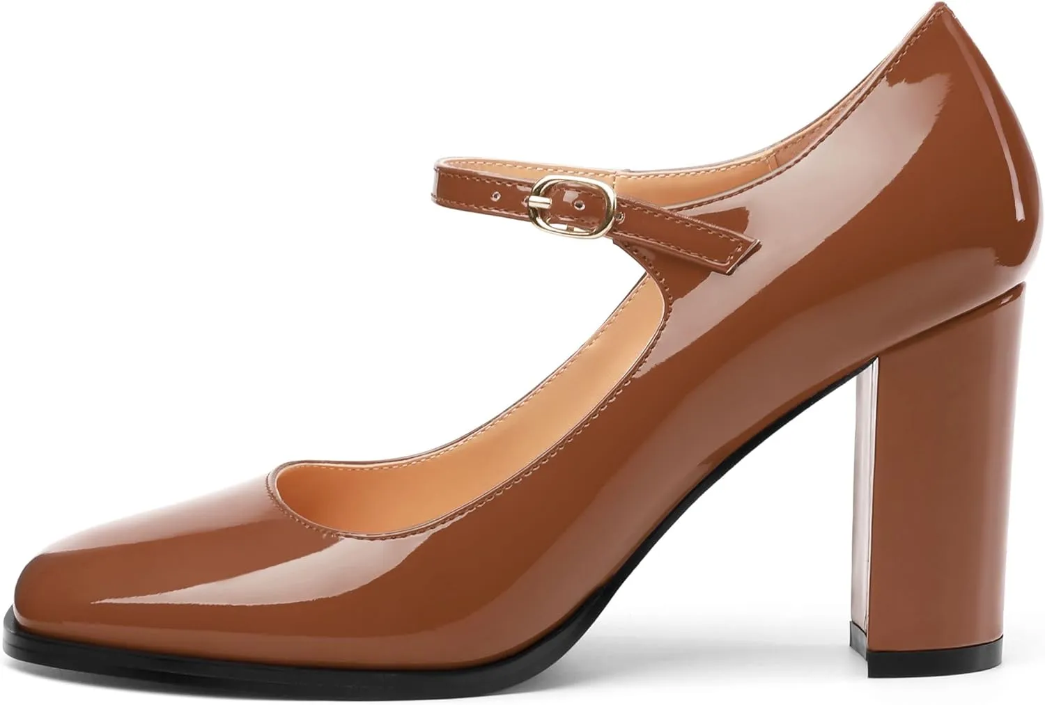 Women's Mary Jane Heels, Chunky Heels Mary Jane Square Toe Pumps One Strap Patent Leather Block High Heels Dress Shoes 3.15 Inch