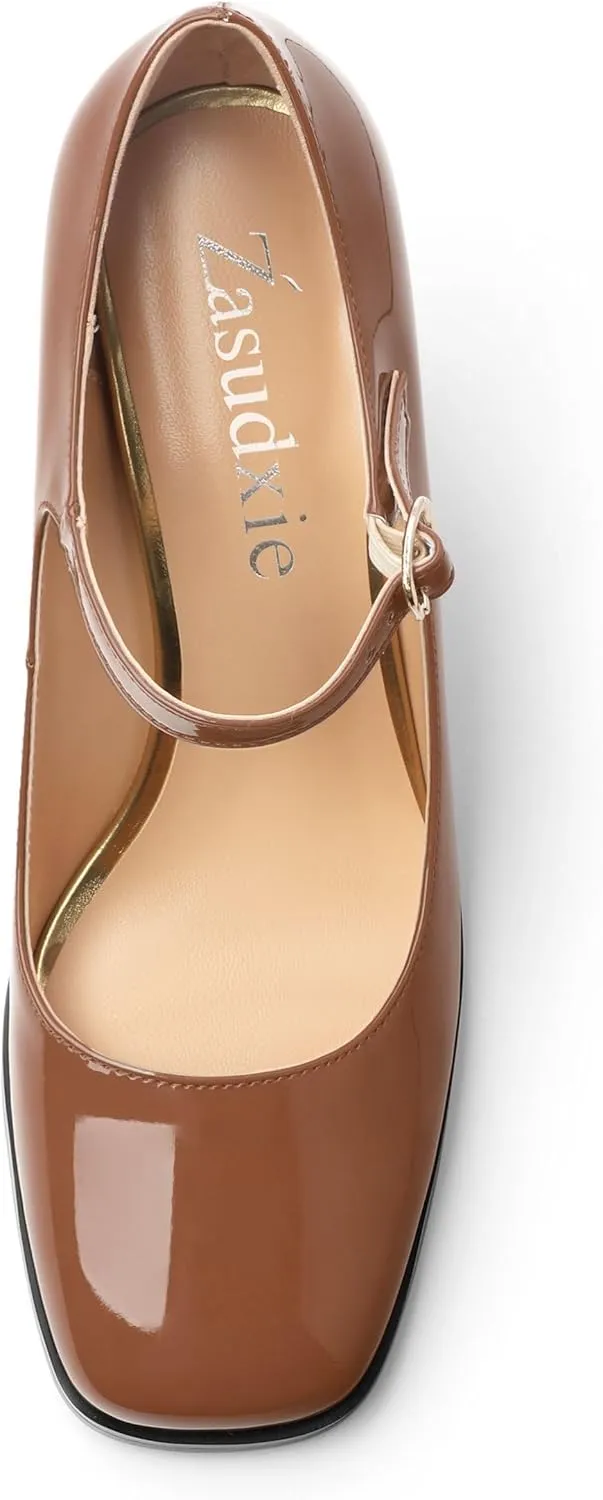Women's Mary Jane Heels, Chunky Heels Mary Jane Square Toe Pumps One Strap Patent Leather Block High Heels Dress Shoes 3.15 Inch