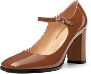 Women's Mary Jane Heels, Chunky Heels Mary Jane Square Toe Pumps One Strap Patent Leather Block High Heels Dress Shoes 3.15 Inch