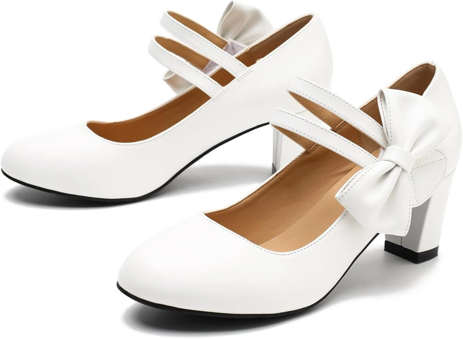 Women's Mary Jane Heels with Bow Low Heels Closed Chunky Block Double Ankle Strap Pumps Wedding Office Work Dress Shoes