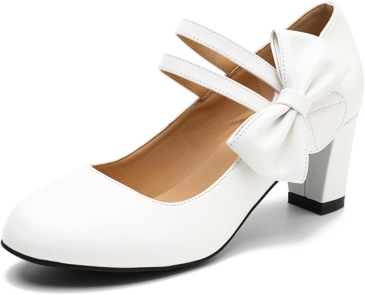 Women's Mary Jane Heels with Bow Low Heels Closed Chunky Block Double Ankle Strap Pumps Wedding Office Work Dress Shoes