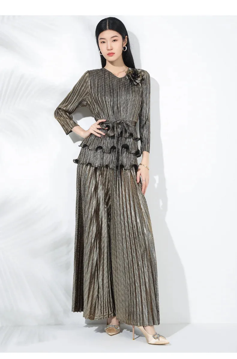 Women's Pleated Wide-Leg Pants & Top Set