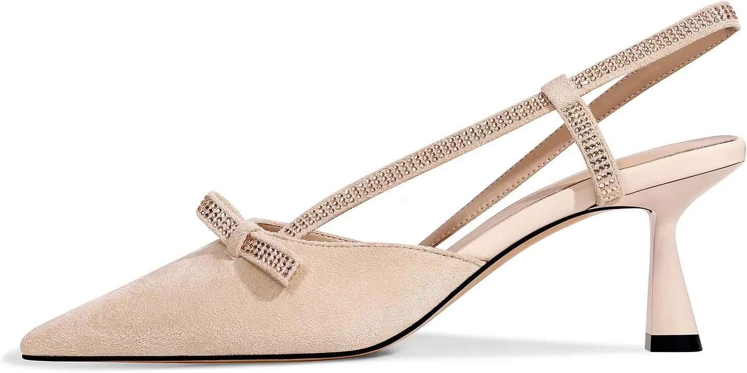 Women's Pumps Kitten Heels Closed Toe Rhinestone Slingback Pointed Toe Dress Shoes for Women Low Heel Bow Tie Comfortable Bridal Wedding Prom
