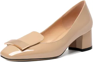 YODEKS Women's Low Block Heels Pumps Square Toe Chunky Heels Slip On 2 Inch Closed Toe Dressy Shoes