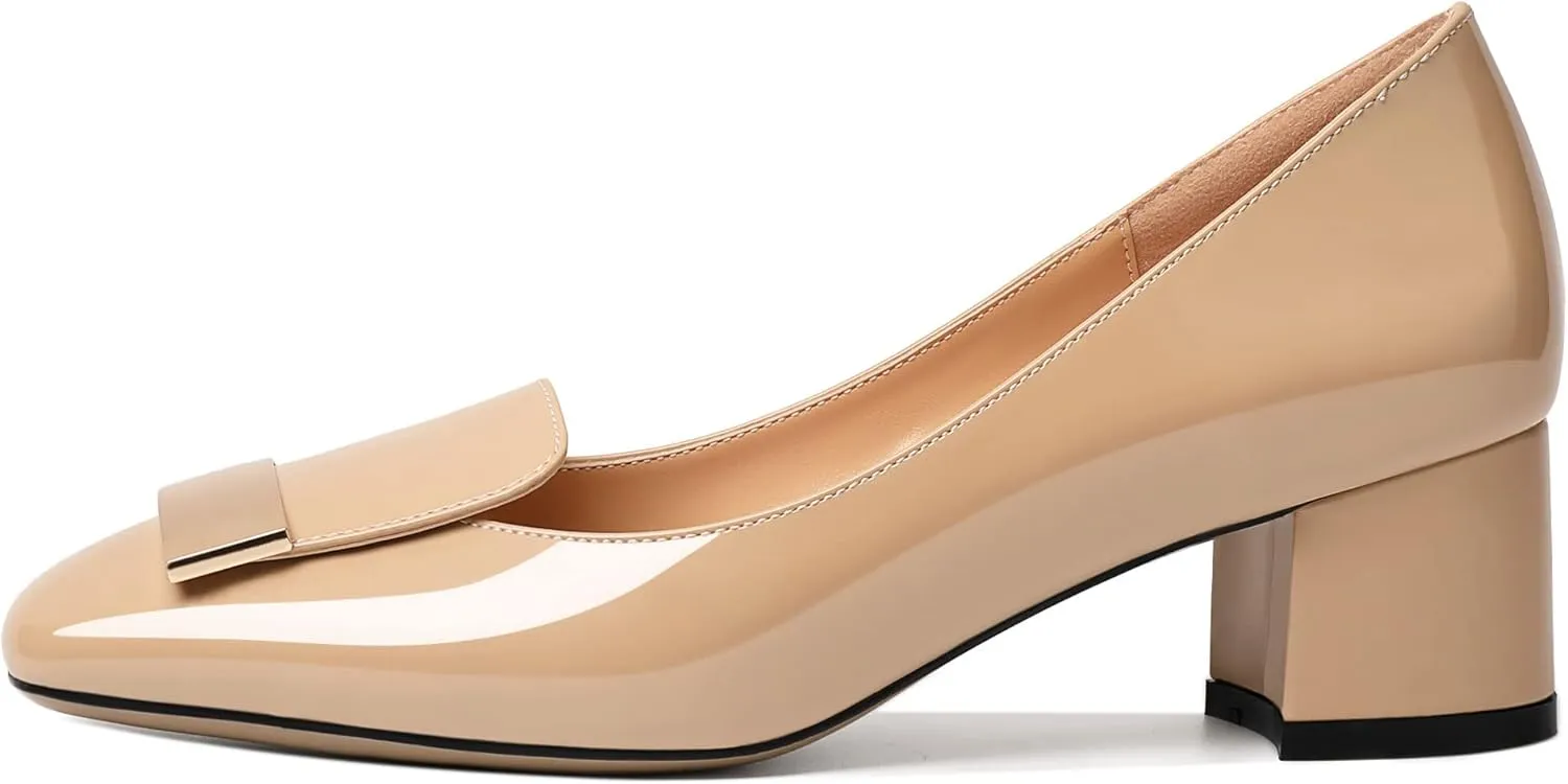 YODEKS Women's Low Block Heels Pumps Square Toe Chunky Heels Slip On 2 Inch Closed Toe Dressy Shoes