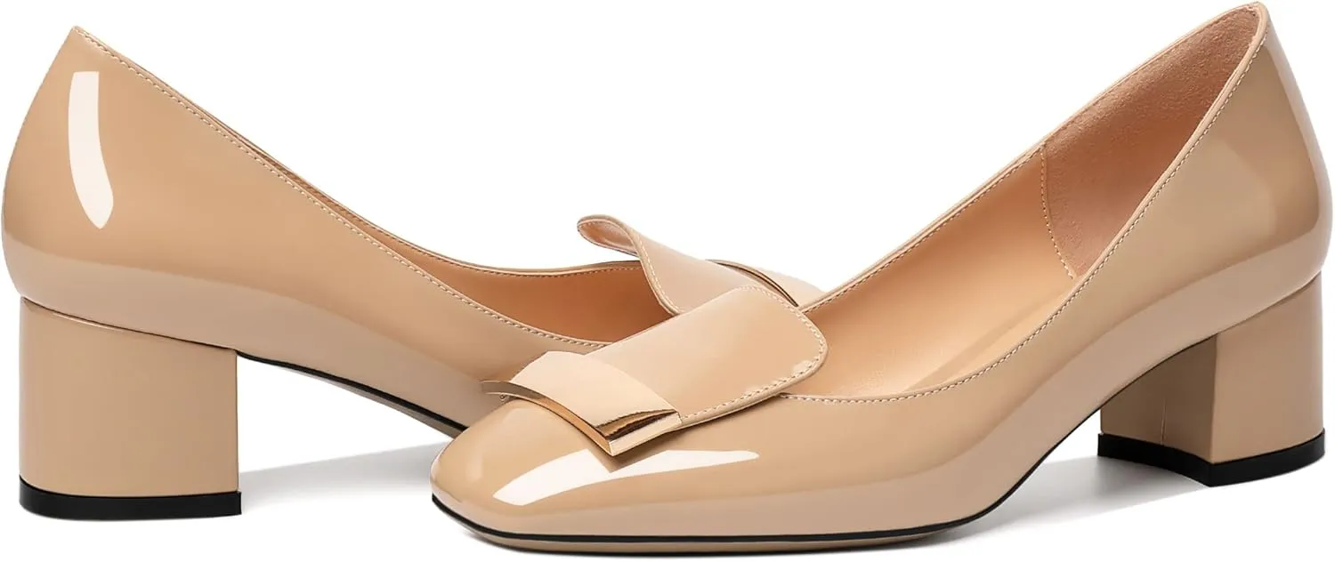 YODEKS Women's Low Block Heels Pumps Square Toe Chunky Heels Slip On 2 Inch Closed Toe Dressy Shoes