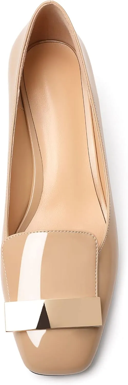 YODEKS Women's Low Block Heels Pumps Square Toe Chunky Heels Slip On 2 Inch Closed Toe Dressy Shoes